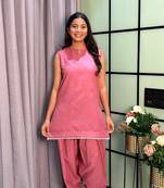 Pink Color Lace Touchup Cotton Kurti Pant Set