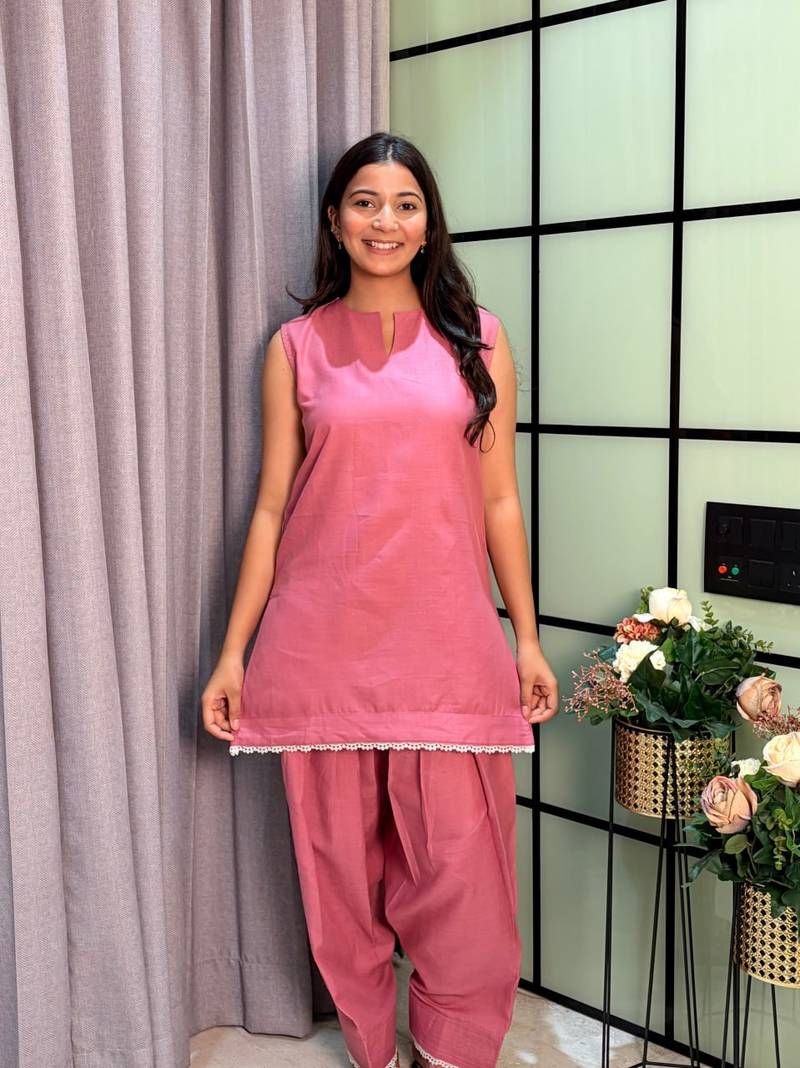 Pink Color Lace Touchup Cotton Kurti Pant Set