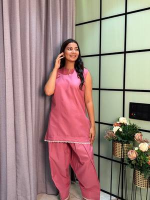 Pink Color Lace Touchup Cotton Kurti Pant Set 3