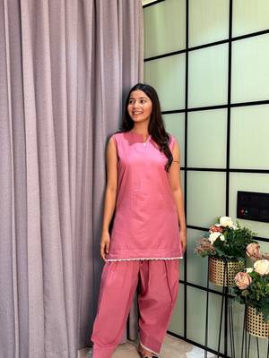 Pink Color Lace Touchup Cotton Kurti Pant Set 5