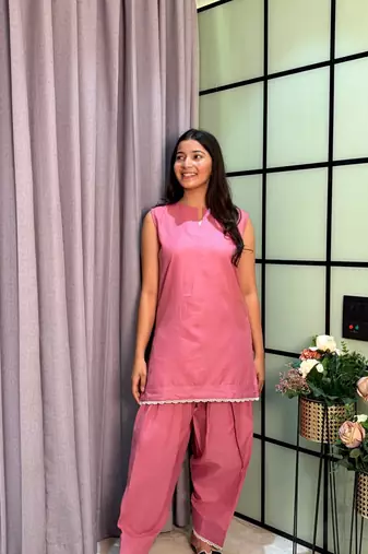 Pink Color Lace Touchup Cotton Kurti Pant Set
