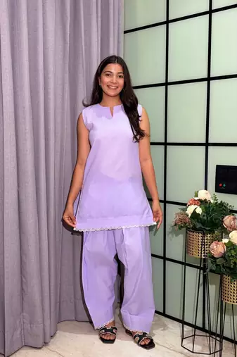 Lavender Color Lace Touchup Cotton Kurti Pant Set