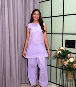 Lavender Color Lace Touchup Cotton Kurti Pant Set