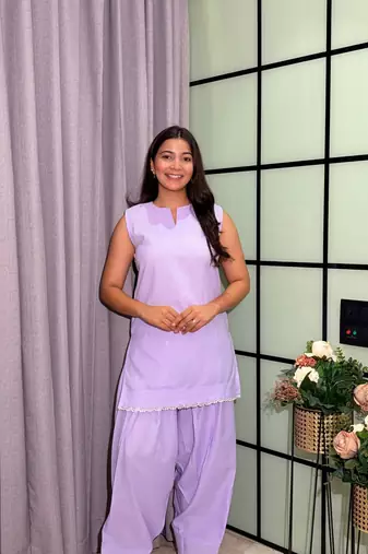 Lavender Color Lace Touchup Cotton Kurti Pant Set