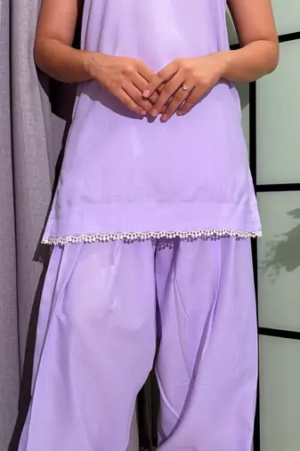 Lavender Color Lace Touchup Cotton Kurti Pant Set