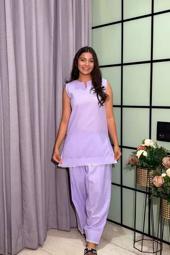 Lavender Color Lace Touchup Cotton Kurti Pant Set