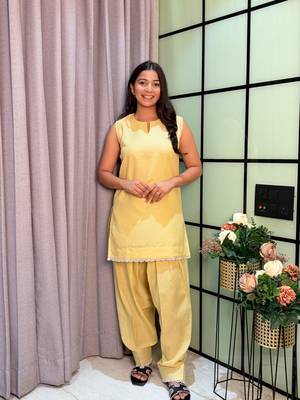 Lightt Yellow Color Lace Touchup Cotton Kurti Pant Set 1
