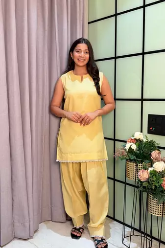 Lightt Yellow Color Lace Touchup Cotton Kurti Pant Set