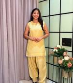 Lightt Yellow Color Lace Touchup Cotton Kurti Pant Set