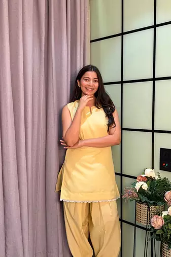 Lightt Yellow Color Lace Touchup Cotton Kurti Pant Set