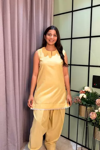 Lightt Yellow Color Lace Touchup Cotton Kurti Pant Set