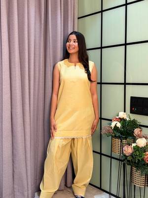 Lightt Yellow Color Lace Touchup Cotton Kurti Pant Set 4