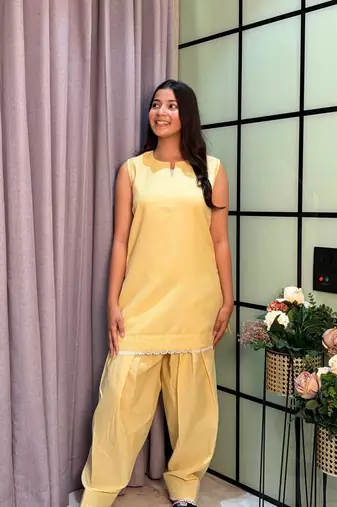Lightt Yellow Color Lace Touchup Cotton Kurti Pant Set