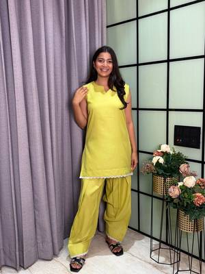 Lightt Parrot Green Color Lace Touchup Cotton Kurti Pant Set 1