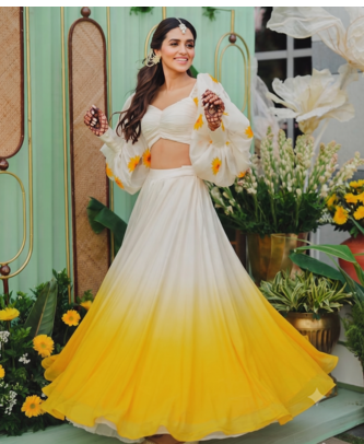 white yellow ombre organza haldi lehenga choli set 1