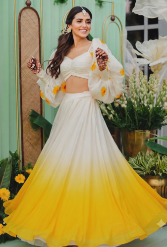 white yellow ombre organza haldi lehenga choli set