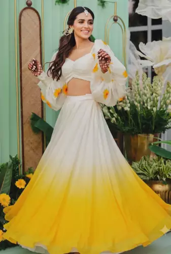 white yellow ombre organza haldi lehenga choli set