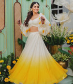 white yellow ombre organza haldi lehenga choli set
