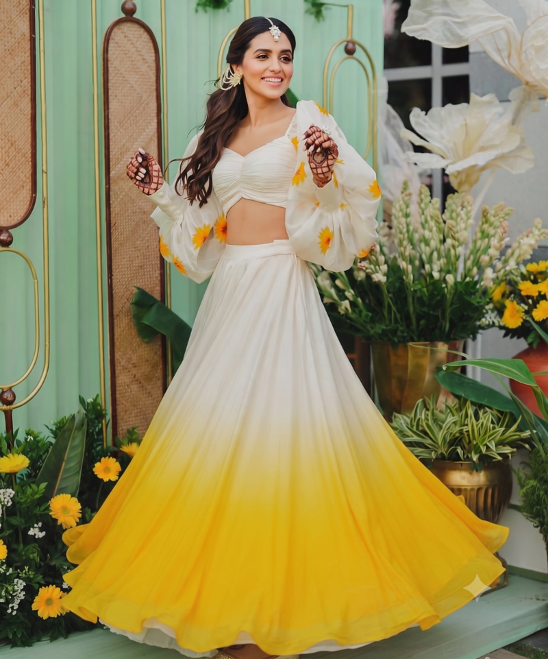 white yellow ombre organza haldi lehenga choli set