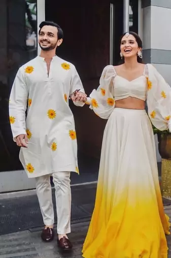 white yellow ombre organza haldi lehenga choli set