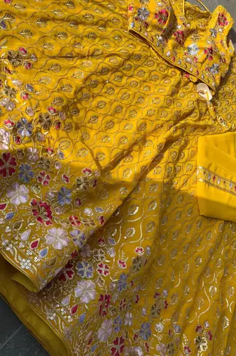yellow floral embroidered lehenga with dupatta