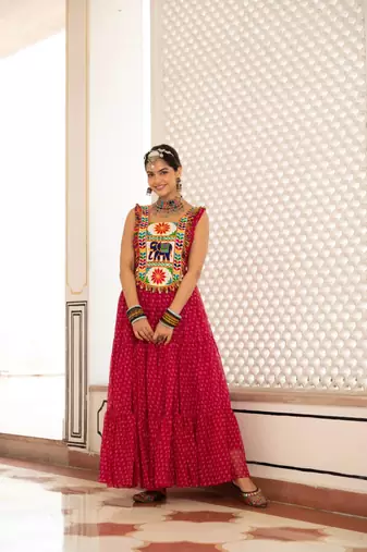 Rani Pink Color Bandhani Print work with kutchi patchework Faux Georgette Gown