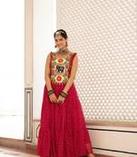 Rani Pink Color Bandhani Print work with kutchi patchework Faux Georgette Gown