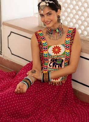Rani Pink Color Bandhani Print work with kutchi patchework Faux Georgette Gown 2