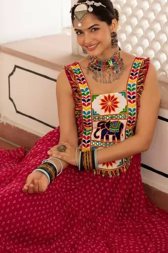Rani Pink Color Bandhani Print work with kutchi patchework Faux Georgette Gown