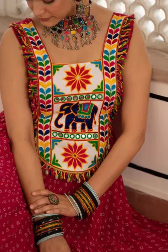 Rani Pink Color Bandhani Print work with kutchi patchework Faux Georgette Gown