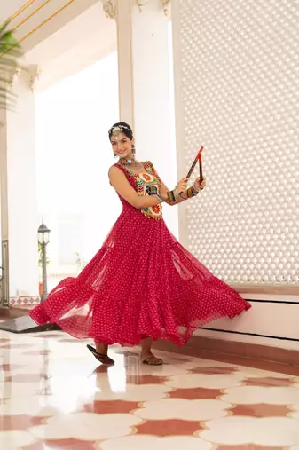 Rani Pink Color Bandhani Print work with kutchi patchework Faux Georgette Gown
