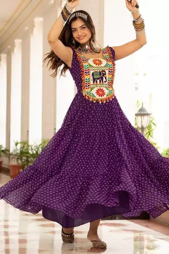 Purple Color Bandhani Print work with kutchi patchework Faux Georgette Gown