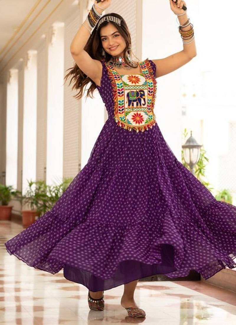 Purple Color Bandhani Print work with kutchi patchework Faux Georgette Gown