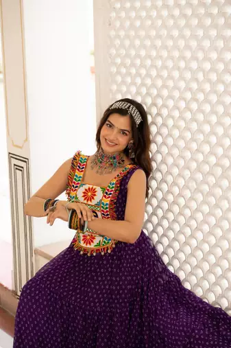 Purple Color Bandhani Print work with kutchi patchework Faux Georgette Gown