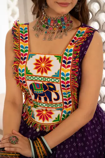 Purple Color Bandhani Print work with kutchi patchework Faux Georgette Gown