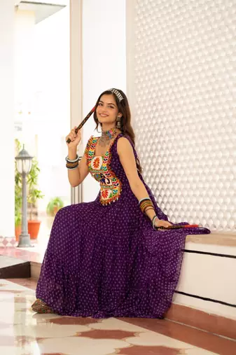 Purple Color Bandhani Print work with kutchi patchework Faux Georgette Gown
