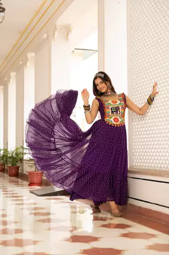 Purple Color Bandhani Print work with kutchi patchework Faux Georgette Gown