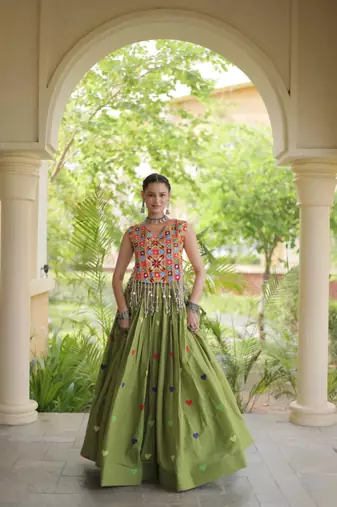 Green Cotton Navratri Readymade Lehenga Choli with Thread Embroidery Work