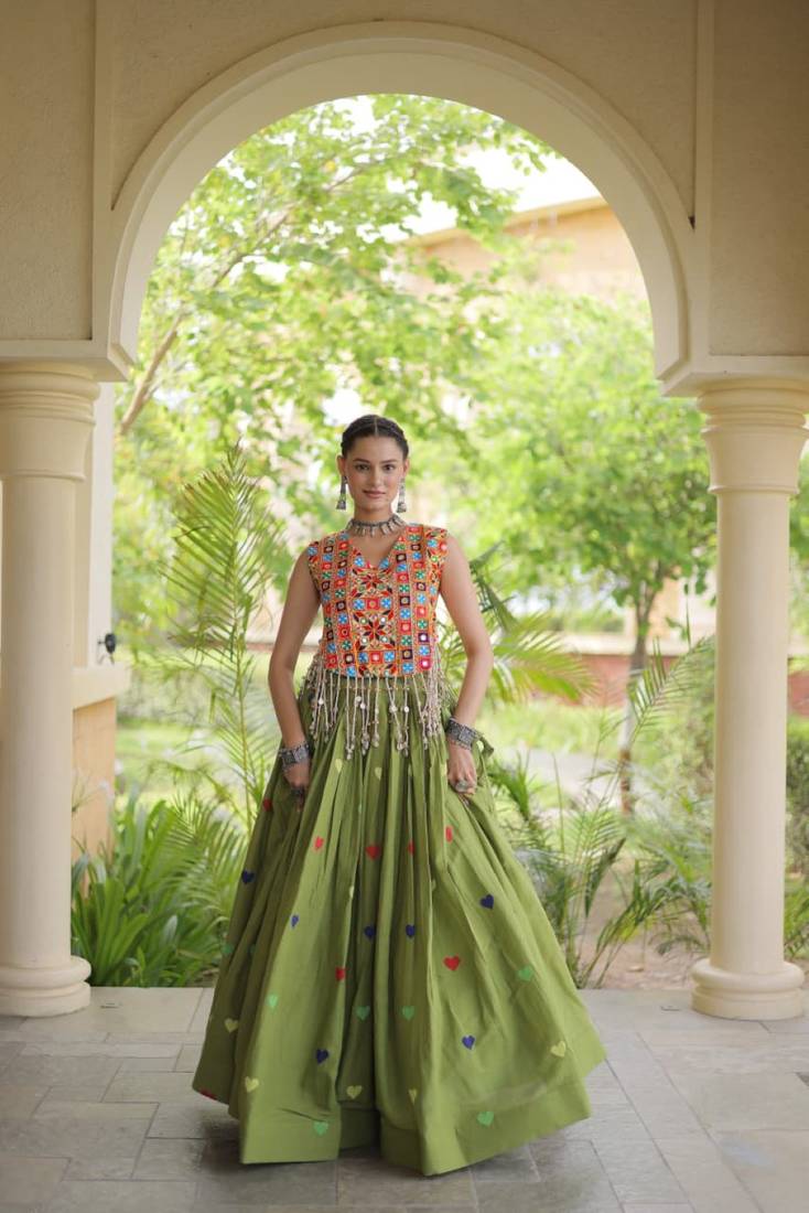 Green Cotton Navratri Readymade Lehenga Choli with Thread Embroidery Work
