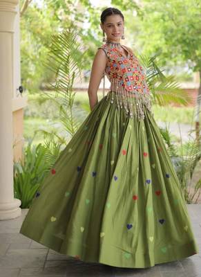 Green Cotton Navratri Readymade Lehenga Choli with Thread Embroidery Work 2