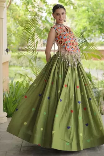 Green Cotton Navratri Readymade Lehenga Choli with Thread Embroidery Work