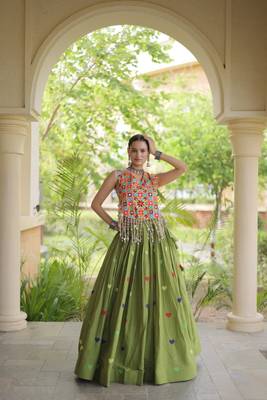 Green Cotton Navratri Readymade Lehenga Choli with Thread Embroidery Work 3