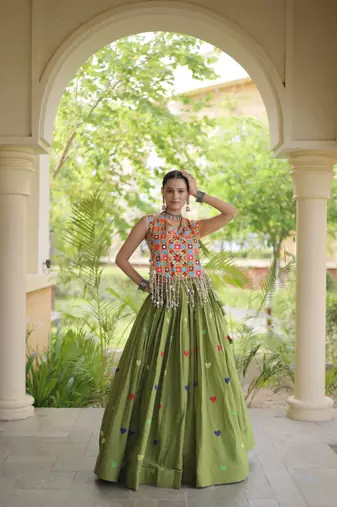 Green Cotton Navratri Readymade Lehenga Choli with Thread Embroidery Work