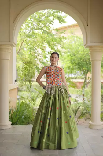 Green Cotton Navratri Readymade Lehenga Choli with Thread Embroidery Work