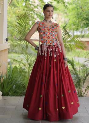 Maroon Cotton Navratri Readymade Lehenga Choli with Thread Embroidery Work 1