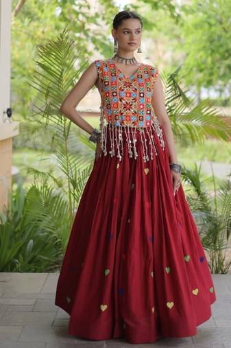 Maroon Cotton Navratri Readymade Lehenga Choli with Thread Embroidery Work