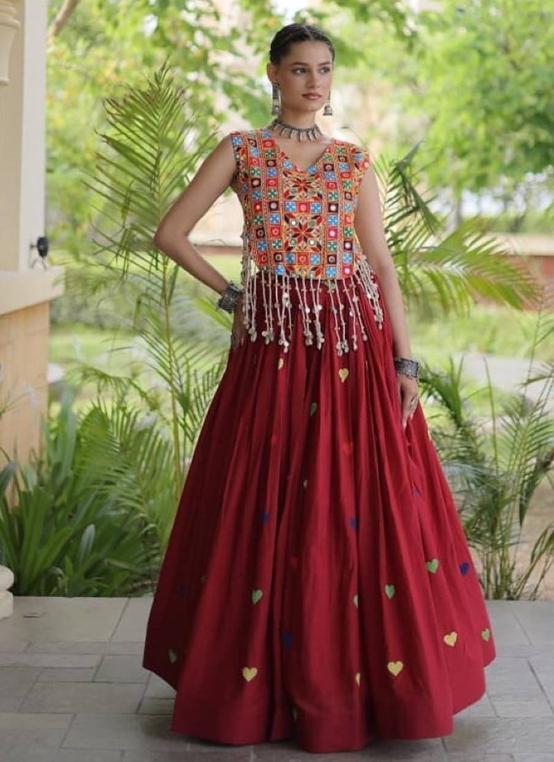 Maroon Cotton Navratri Readymade Lehenga Choli with Thread Embroidery Work