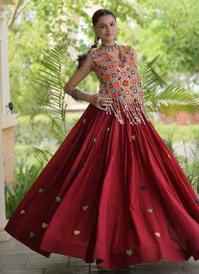 Maroon Cotton Navratri Readymade Lehenga Choli with Thread Embroidery Work 2