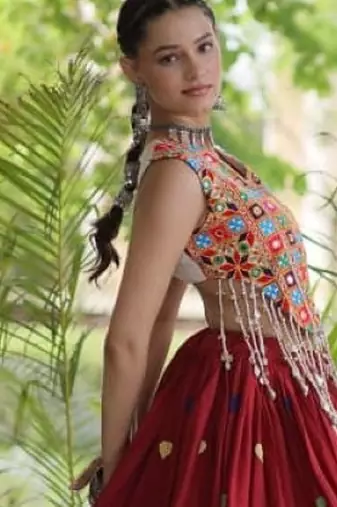 Maroon Cotton Navratri Readymade Lehenga Choli with Thread Embroidery Work