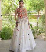 White Cotton Navratri Readymade Lehenga Choli with Thread Embroidery Work